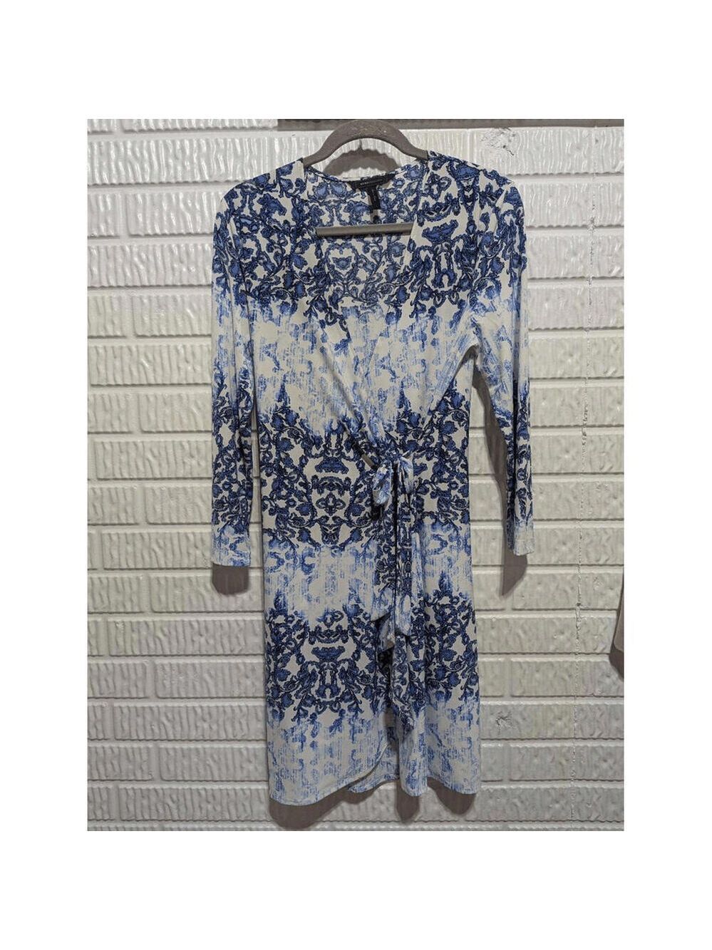 BCBGMaxazria Blue White Abstract Polyester Wrap Long Sleeve Dress Size M